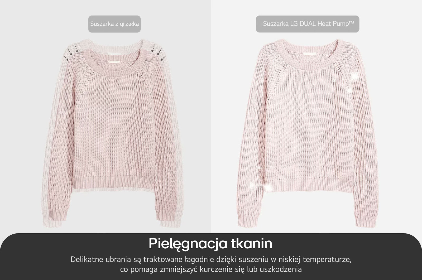 Pielęgnacja tkanin w suszarce LG RH90V9LV2N dzięki niskiej temperaturze suszenia, która zapobiega kurczeniu się ubrań.