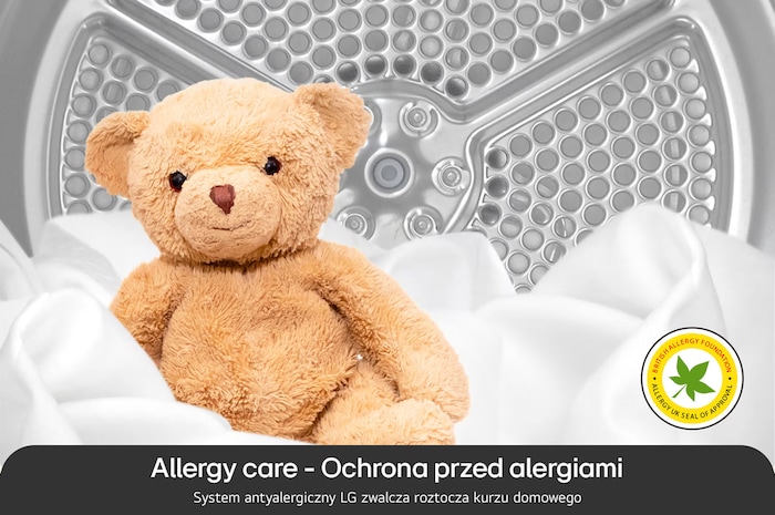 Program Allergy Care w suszarce LG RH90V9LV2N usuwający 99,9% roztoczy, zatwierdzony przez British Allergy Foundation.