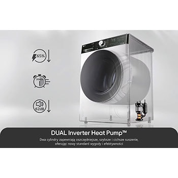 Technologia Dual Inverter Heat Pump w suszarce 9 kg LG RH90V9LV2N zapewniająca energooszczędne, szybkie i ciche suszenie.  🇬🇧 UK: Dual Inverter Heat Pump technology in LG 9kg Tumble Dryer RH90V9LV2N ensuring energy-efficient, fast, and quiet drying.