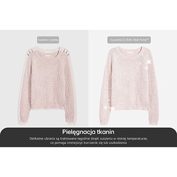 Pielęgnacja tkanin w suszarce LG RH90V9LV2N dzięki niskiej temperaturze suszenia, która zapobiega kurczeniu się ubrań.