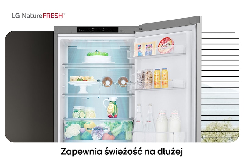 Lodówko-zamrażarka LG GBV7180CPY pokazuje wnętrze NatureFRESH z wypełnioną szufladą Moist Balance Crisper dla długotrwałej świeżości.