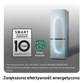 Lodówko-zamrażarka LG GBV7180CPY z logo Smart Inverter Compressor, podkreśla 10-letnią gwarancję i lepszą efektywność energetyczną.
