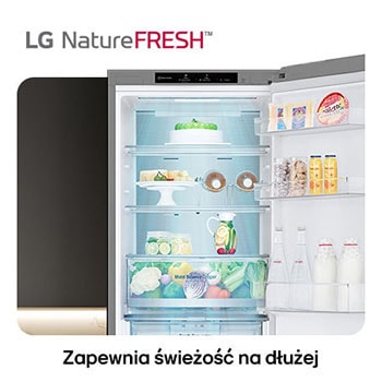 Lodówko-zamrażarka LG GBV7180CPY pokazuje wnętrze NatureFRESH z wypełnioną szufladą Moist Balance Crisper dla długotrwałej świeżości.
