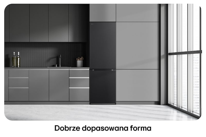 Lodówko-zamrażarka LG GBV3100CEP w matowej czerni, pokazuje płaski design drzwi i idealne dopasowanie do ciemnej zabudowy kuchennej.