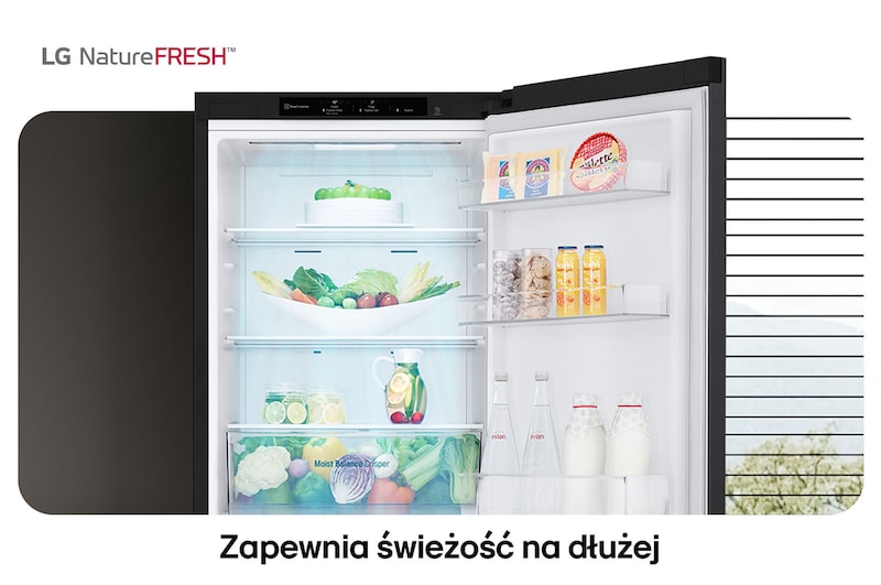Lodówko-zamrażarka LG GBV3100CEP pokazuje wnętrze NatureFRESH z wypełnioną szufladą Moist Balance Crisper dla długotrwałej świeżości.