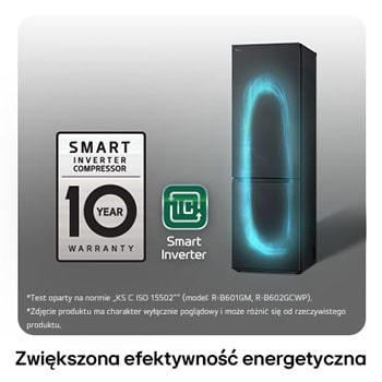 Lodówko-zamrażarka LG GBV3100CEP z logo Smart Inverter Compressor, podkreśla 10-letnią gwarancję i lepszą efektywność energetyczną.