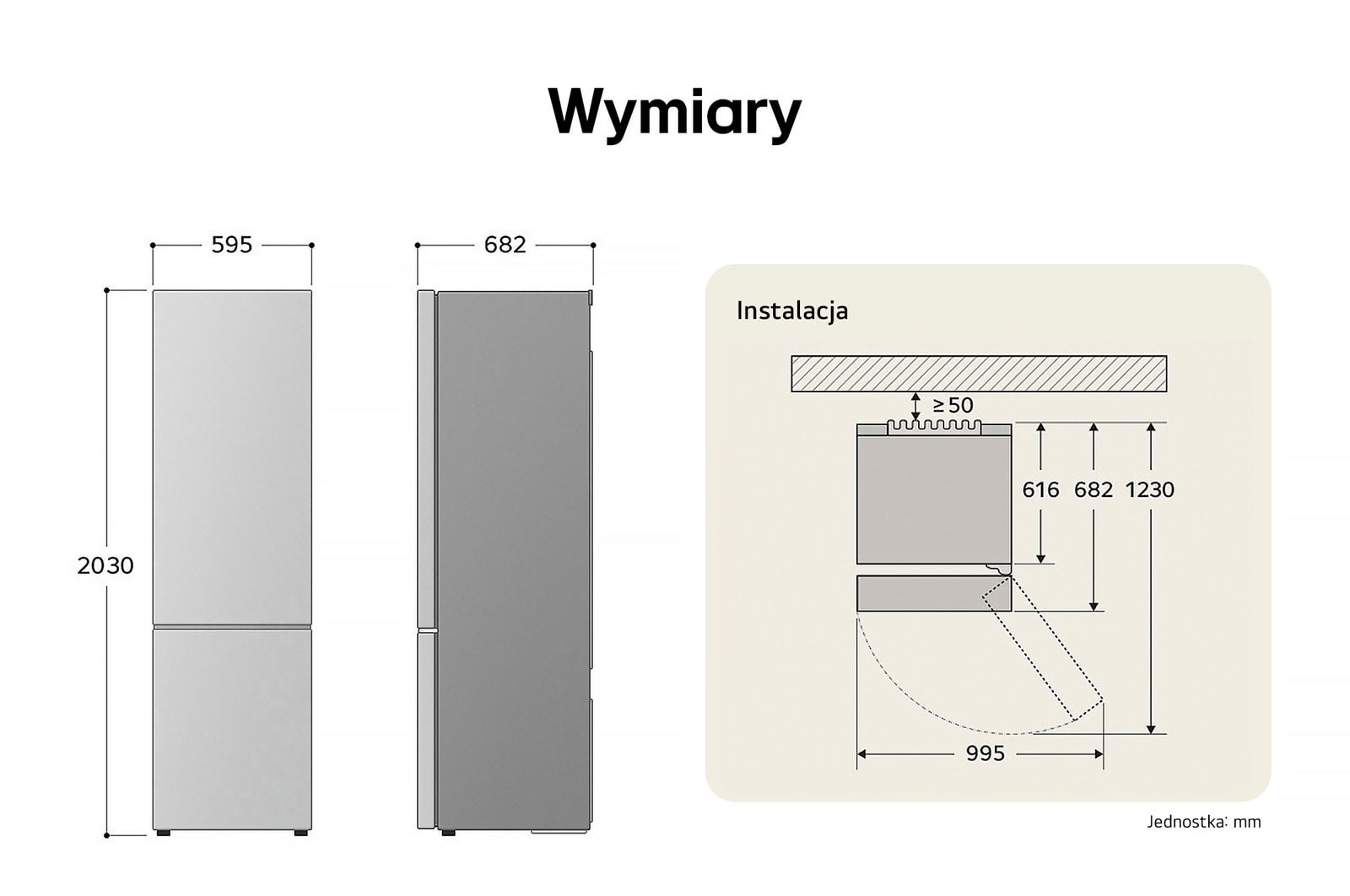 Lodówko-zamrażarka LG GBV7280DPY rysunek techniczny: wys. 2030, szer. 595, gł. 682 mm, z wymiarami instalacyjnymi i $\ge$50 mm odstępu od ściany.