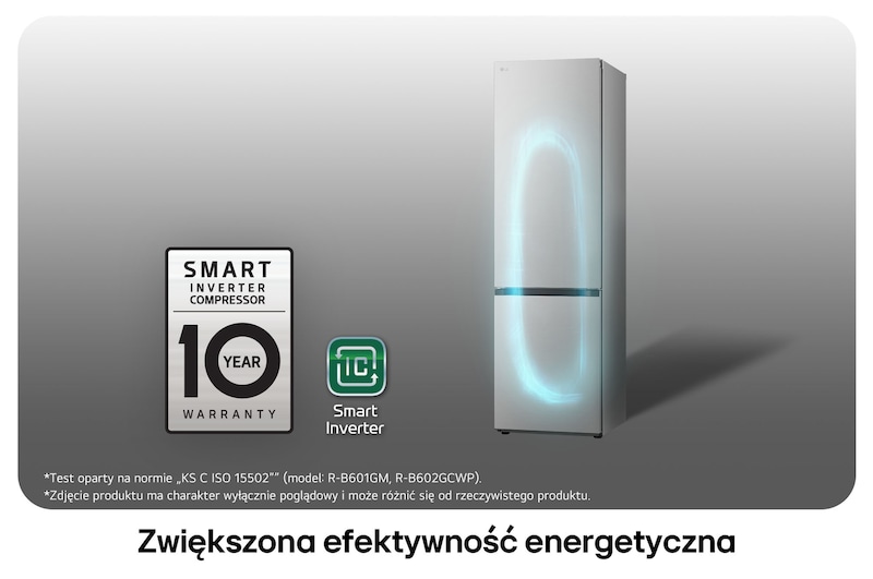 Lodówko-zamrażarka LG GBV7280DPY z logo Smart Inverter Compressor, podkreśla 10-letnią gwarancję i lepszą efektywność energetyczną.
