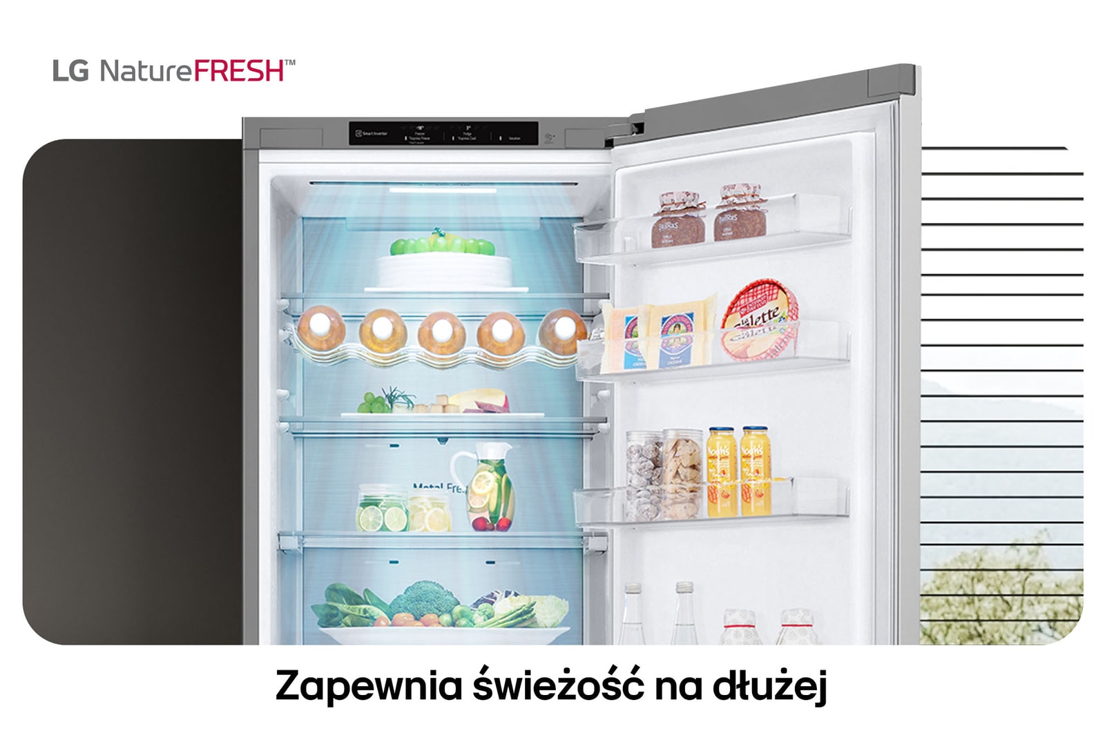 Lodówko-zamrażarka LG GBV7280DPY pokazuje wnętrze NatureFRESH z półką na wino i szufladami na warzywa dla długotrwałej świeżości.