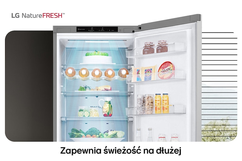 Lodówko-zamrażarka LG GBV7280DPY pokazuje wnętrze NatureFRESH z półką na wino i szufladami na warzywa dla długotrwałej świeżości.