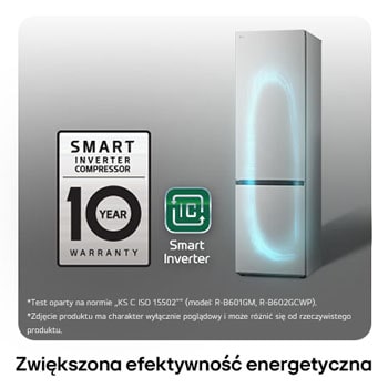 Lodówko-zamrażarka LG GBV7280DPY z logo Smart Inverter Compressor, podkreśla 10-letnią gwarancję i lepszą efektywność energetyczną.
