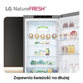 Lodówko-zamrażarka LG GBV7280DPY pokazuje wnętrze NatureFRESH z półką na wino i szufladami na warzywa dla długotrwałej świeżości.