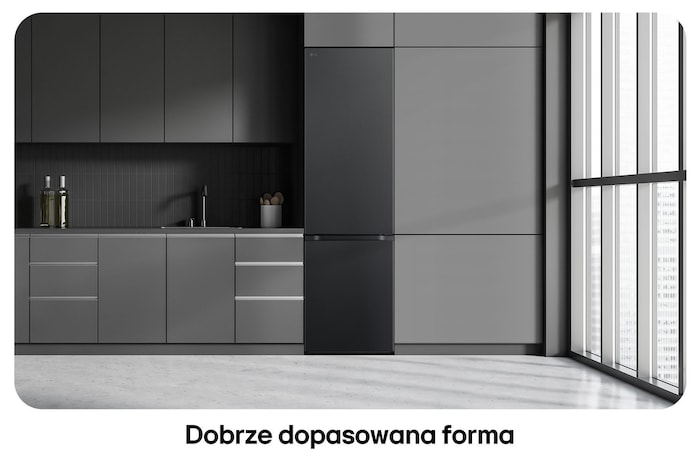 Lodówko-zamrażarka LG GBV7280DEV Essence Black Steel, pokazuje płaski design 203 cm i idealne dopasowanie do nowoczesnej, ciemnej zabudowy.