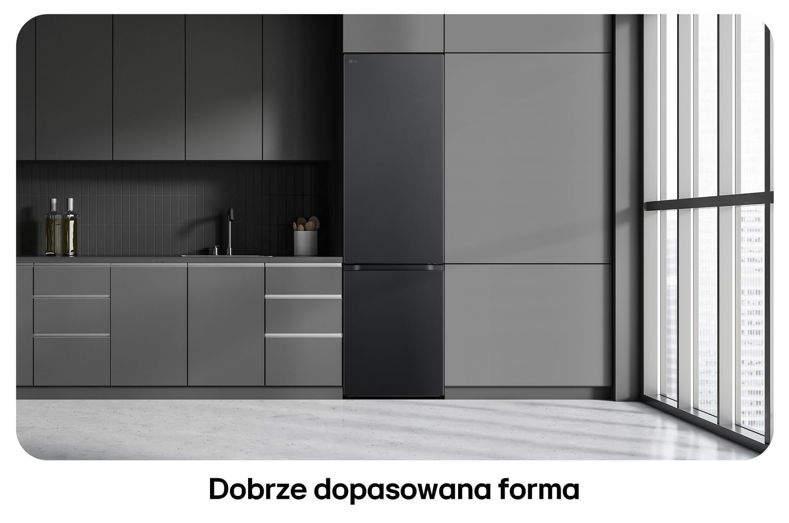 Lodówko-zamrażarka LG GBV7280DEV Essence Black Steel, pokazuje płaski design 203 cm i idealne dopasowanie do nowoczesnej, ciemnej zabudowy.