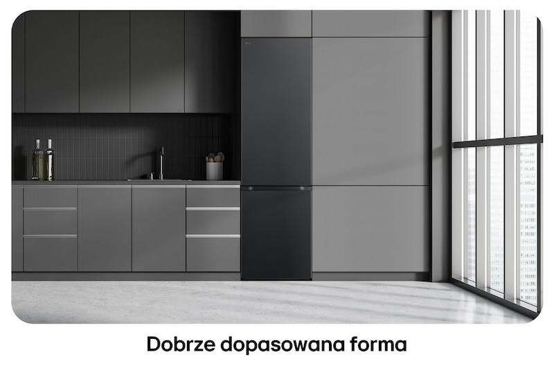 Lodówko-zamrażarka LG GBV7280DEV Essence Black Steel, pokazuje płaski design 203 cm i idealne dopasowanie do nowoczesnej, ciemnej zabudowy.