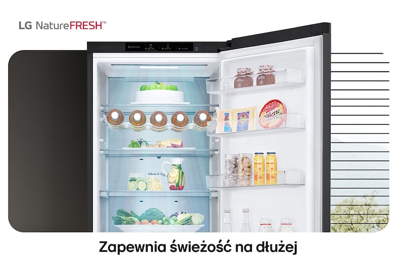 Lodówko-zamrażarka LG GBV7280DEV pokazuje wnętrze NatureFRESH z półką na wino i szufladami na warzywa dla długotrwałej świeżości.