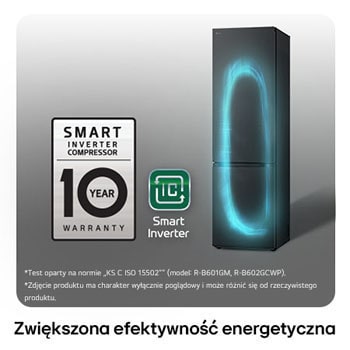 Lodówko-zamrażarka LG GBV7280DEV z logo Smart Inverter Compressor, podkreśla 10-letnią gwarancję i lepszą efektywność energetyczną.