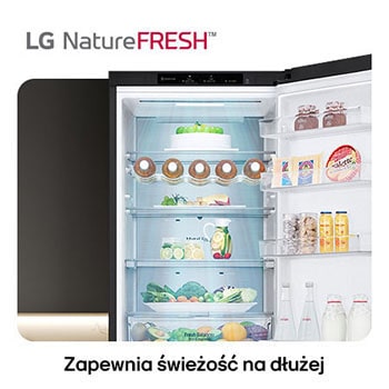 Lodówko-zamrażarka LG GBV7280DEV pokazuje wnętrze NatureFRESH z półką na wino i szufladami na warzywa dla długotrwałej świeżości.
