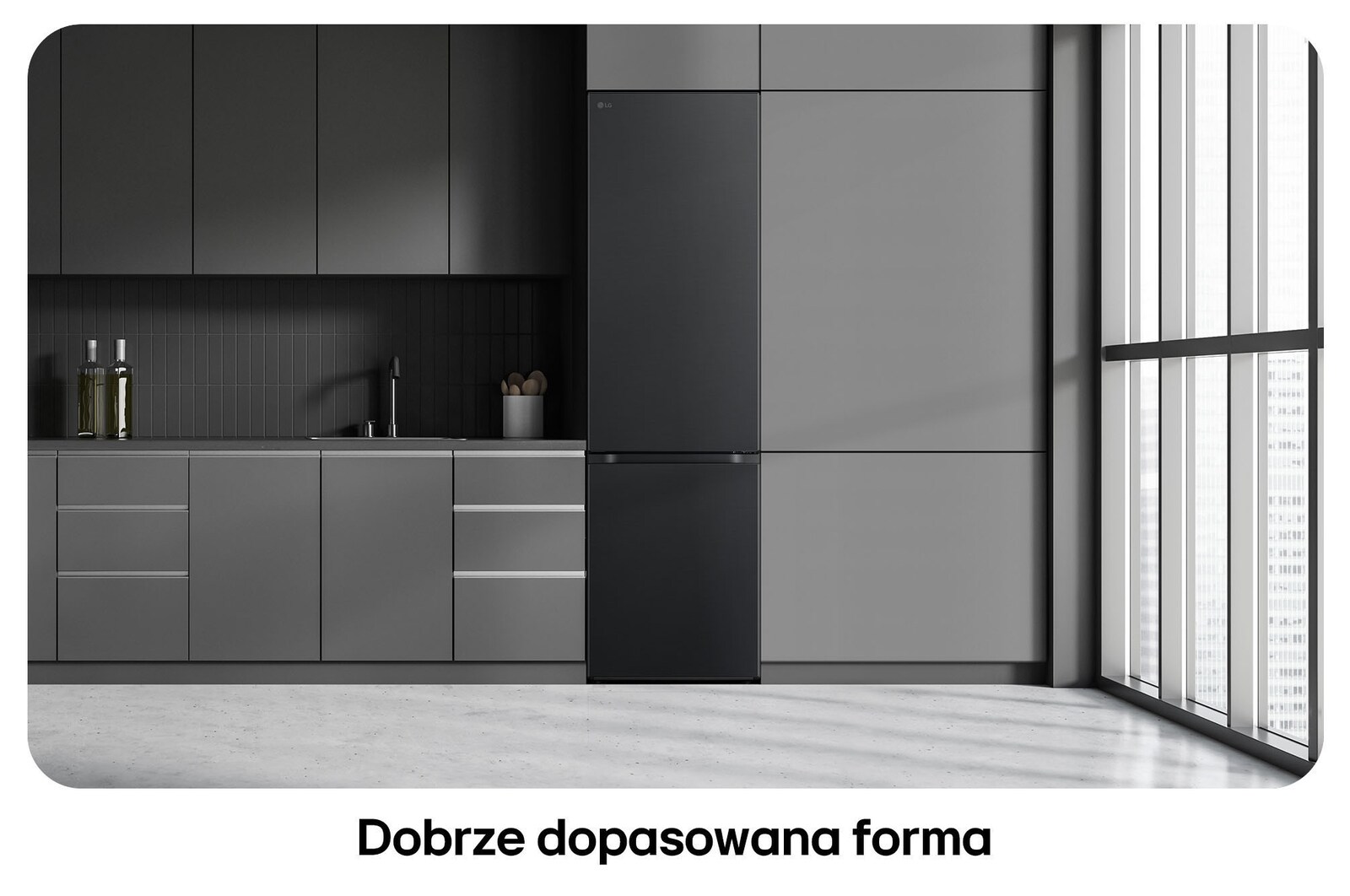 Lodówko-zamrażarka LG GBV5240DEP Essence Matte Black, pokazuje płaski design 203 cm i idealne dopasowanie do nowoczesnej, ciemnej zabudowy.