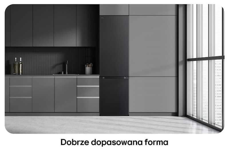 Lodówko-zamrażarka LG GBV5240DEP Essence Matte Black, pokazuje płaski design 203 cm i idealne dopasowanie do nowoczesnej, ciemnej zabudowy.