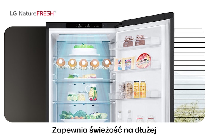 Lodówko-zamrażarka LG GBV5240DEP pokazuje wnętrze NatureFRESH z półką na wino i szufladami na warzywa dla długotrwałej świeżości.