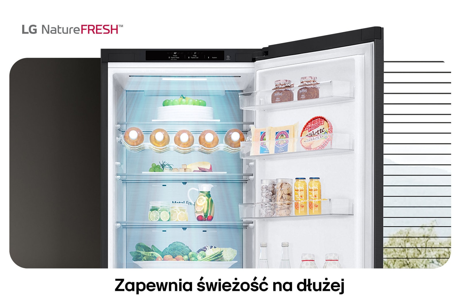 Lodówko-zamrażarka LG GBV5240DEP pokazuje wnętrze NatureFRESH z półką na wino i szufladami na warzywa dla długotrwałej świeżości.