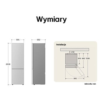 Lodówko-zamrażarka LG GBV5240DEP rysunek techniczny: wys. 2030, szer. 595, gł. 682 mm, z wymiarami instalacyjnymi i $\ge$50 mm odstępu od ściany.