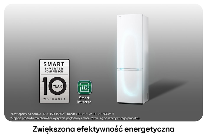 Lodówko-zamrażarka LG GBV3200DSW z logo Smart Inverter Compressor, podkreśla 10-letnią gwarancję i lepszą efektywność energetyczną.