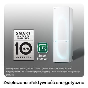 Lodówko-zamrażarka LG GBV3200DSW z logo Smart Inverter Compressor, podkreśla 10-letnią gwarancję i lepszą efektywność energetyczną.