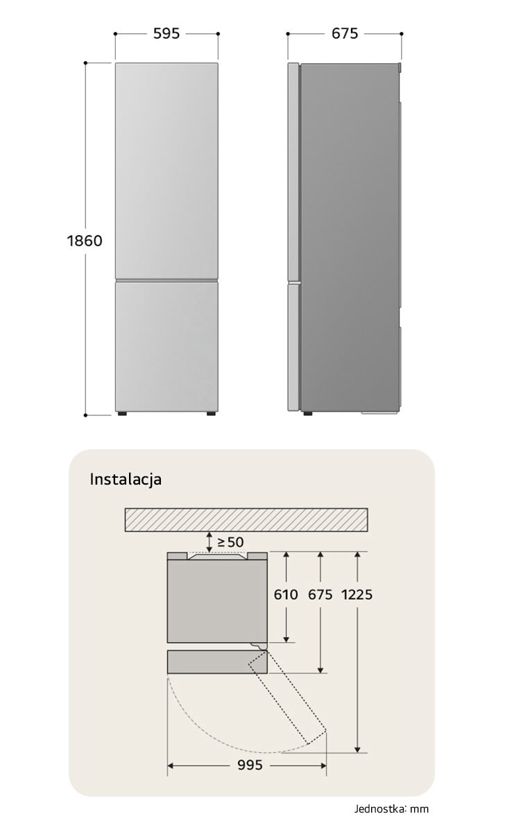Lodówko-zamrażarka LG GBV3100CSW rysunek techniczny: wys. 1860, szer. 595, gł. 675 mm, z wymiarami instalacyjnymi i 995 mm przestrzeni na drzwi.