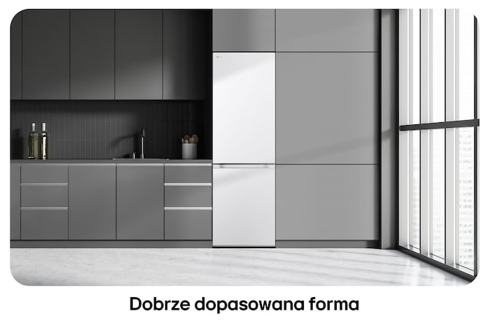 Lodówko-zamrażarka LG GBV3100CSW w kolorze białym, pokazuje płaski design drzwi i idealne dopasowanie do ciemnej zabudowy kuchennej.