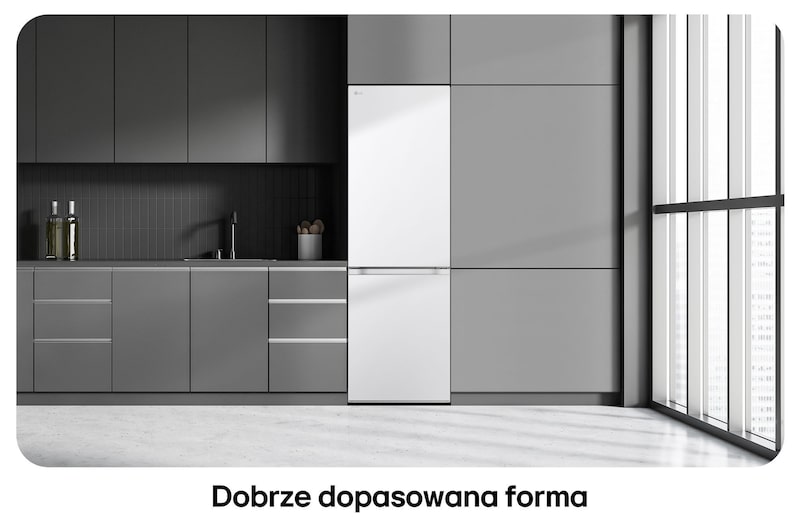 Lodówko-zamrażarka LG GBV3100CSW w kolorze białym, pokazuje płaski design drzwi i idealne dopasowanie do ciemnej zabudowy kuchennej.