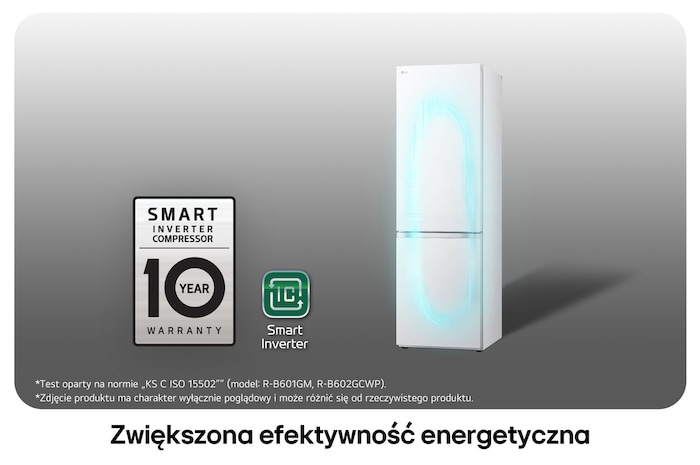 Lodówko-zamrażarka LG GBV3100CSW z logo Smart Inverter Compressor, podkreśla 10-letnią gwarancję i lepszą efektywność energetyczną.