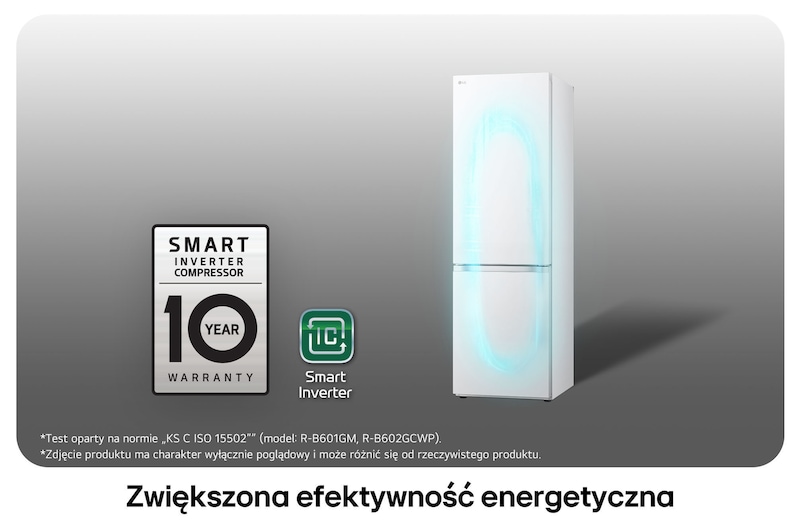 Lodówko-zamrażarka LG GBV3100CSW z logo Smart Inverter Compressor, podkreśla 10-letnią gwarancję i lepszą efektywność energetyczną.