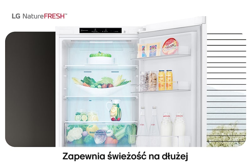 Lodówko-zamrażarka LG GBV3100CSW pokazuje wnętrze NatureFRESH z wypełnioną szufladą Moist Balance Crisper dla długotrwałej świeżości.