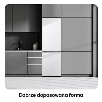 Lodówko-zamrażarka LG GBV3100CSW w kolorze białym, pokazuje płaski design drzwi i idealne dopasowanie do ciemnej zabudowy kuchennej.