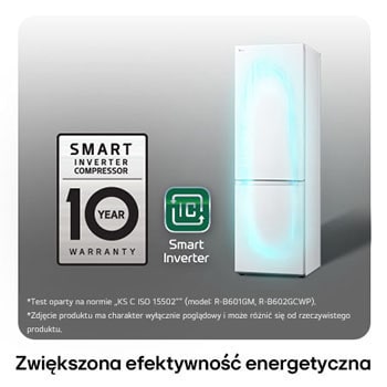 Lodówko-zamrażarka LG GBV3100CSW z logo Smart Inverter Compressor, podkreśla 10-letnią gwarancję i lepszą efektywność energetyczną.