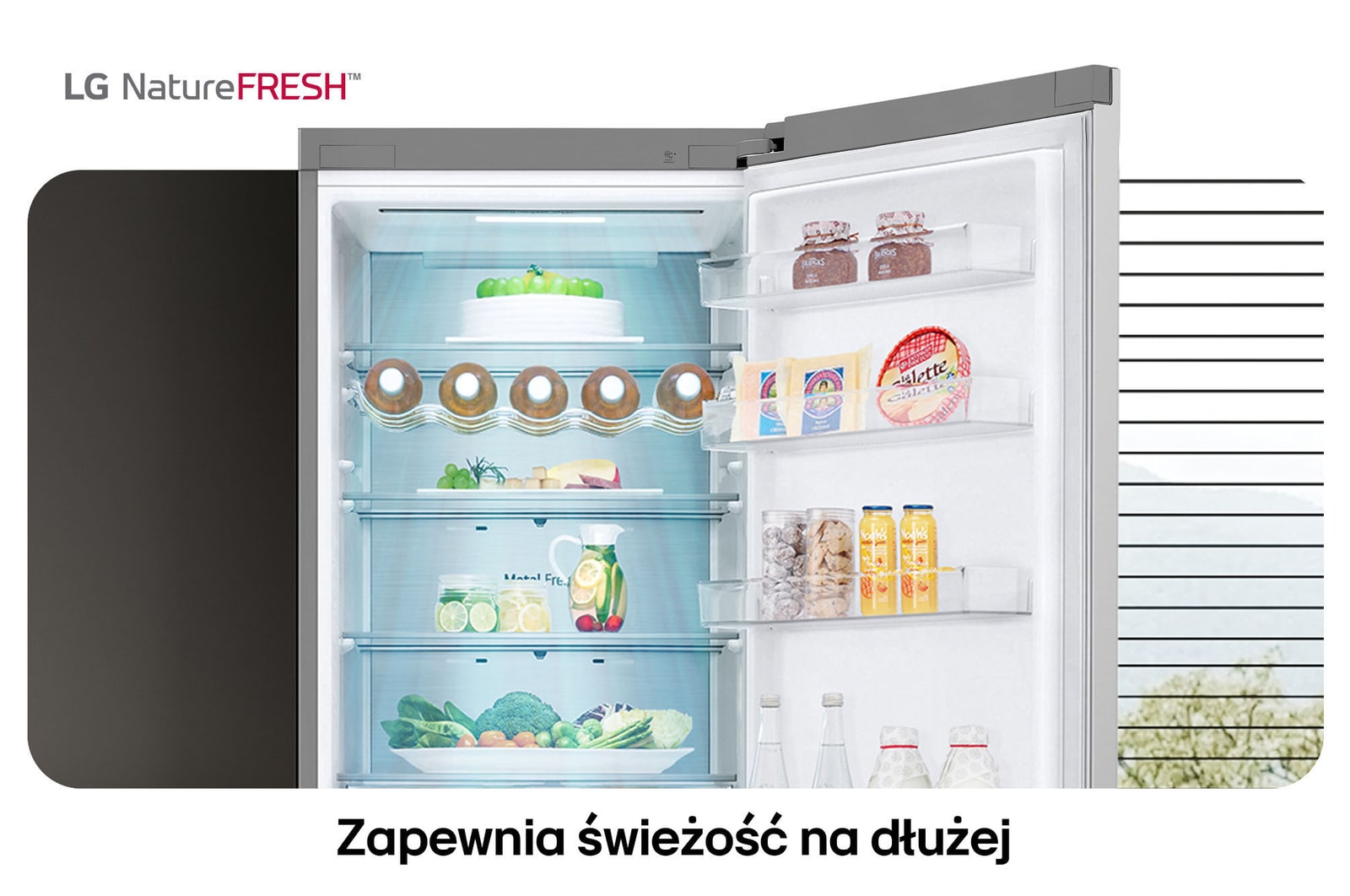 Lodówko-zamrażarka LG GBV5250CPY pokazuje wnętrze NatureFRESH z półką na wino i szufladami na warzywa dla długotrwałej świeżości.