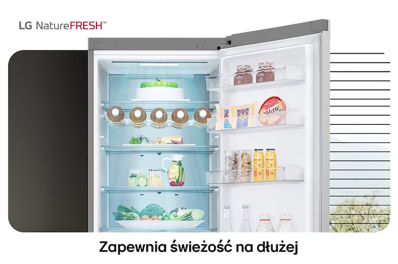 Lodówko-zamrażarka LG GBV5250CPY pokazuje wnętrze NatureFRESH z półką na wino i szufladami na warzywa dla długotrwałej świeżości.