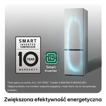 Lodówko-zamrażarka LG GBV3210DPY z logo Smart Inverter Compressor, podkreśla 10-letnią gwarancję i lepszą efektywność energetyczną.