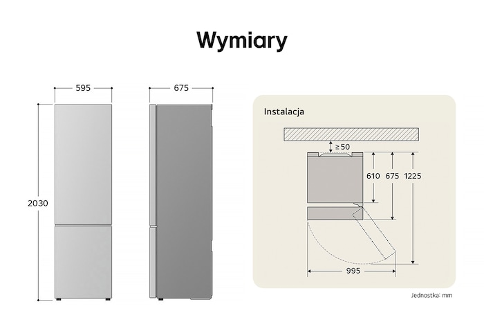 Lodówko-zamrażarka LG GBV5250CEP rysunek techniczny: wys. 2030, szer. 595, gł. 675 mm, z wymiarami instalacyjnymi i $\ge$50 mm odstępu od ściany.