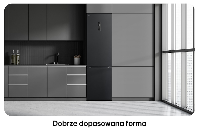 Lodówko-zamrażarka LG GBV5250CEP Essence Matte Black, pokazuje płaski design 203 cm i idealne dopasowanie do nowoczesnej, ciemnej zabudowy.