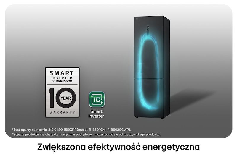 Lodówko-zamrażarka LG GBV5250CEP z logo Smart Inverter Compressor, podkreśla 10-letnią gwarancję i lepszą efektywność energetyczną.