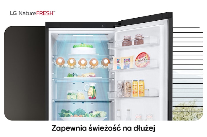 Lodówko-zamrażarka LG GBV5250CEP pokazuje wnętrze NatureFRESH z półką na wino i szufladami na warzywa dla długotrwałej świeżości.