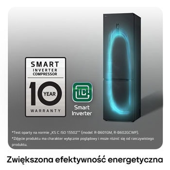 Lodówko-zamrażarka LG GBV5250CEP z logo Smart Inverter Compressor, podkreśla 10-letnią gwarancję i lepszą efektywność energetyczną.