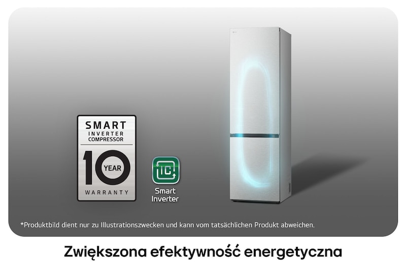 Lodówko-zamrażarka LG GBV7280AMB z logo Smart Inverter Compressor, podkreśla 10-letnią gwarancję i lepszą efektywność energetyczną.