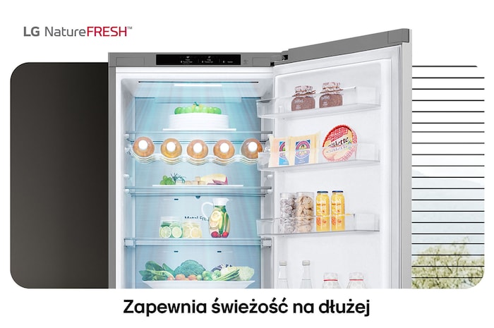 Lodówko-zamrażarka LG GBV7280AMB pokazuje wnętrze NatureFRESH z półką na wino i szufladami na warzywa dla długotrwałej świeżości.
