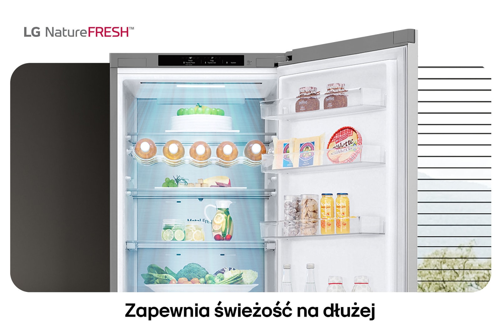 Lodówko-zamrażarka LG GBV7280AMB pokazuje wnętrze NatureFRESH z półką na wino i szufladami na warzywa dla długotrwałej świeżości.