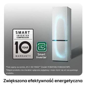 Lodówko-zamrażarka LG GBV7280AMB z logo Smart Inverter Compressor, podkreśla 10-letnią gwarancję i lepszą efektywność energetyczną.
