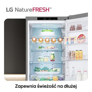 Lodówko-zamrażarka LG GBV7280AMB pokazuje wnętrze NatureFRESH z półką na wino i szufladami na warzywa dla długotrwałej świeżości.